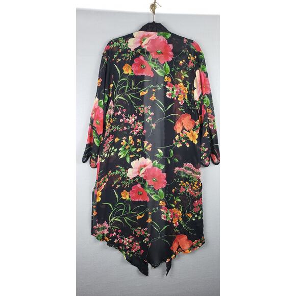 Vintage Women's M Semi Sheer Robe Kimoni Black‎ Floral Beaded Lace Trim - Picture 9 of 10